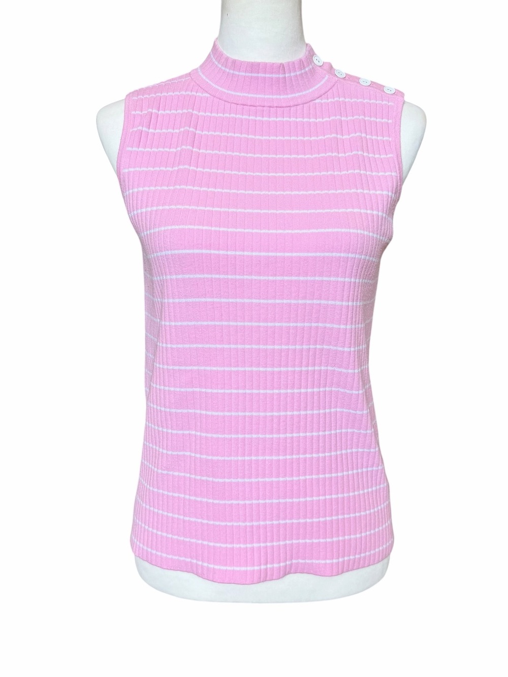 Talbots Sleeveless Tank Size Medium Pink Stripe Ribbed Preppy Mock Neck Golf